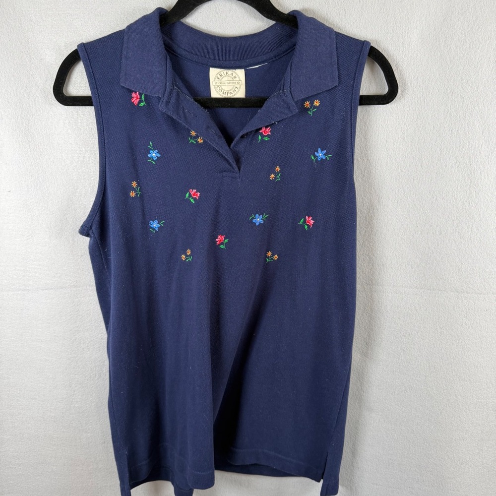 Erika‎ & Company Polo Women M Navy Blue Floral Embroidered Sleeveless Top VTG